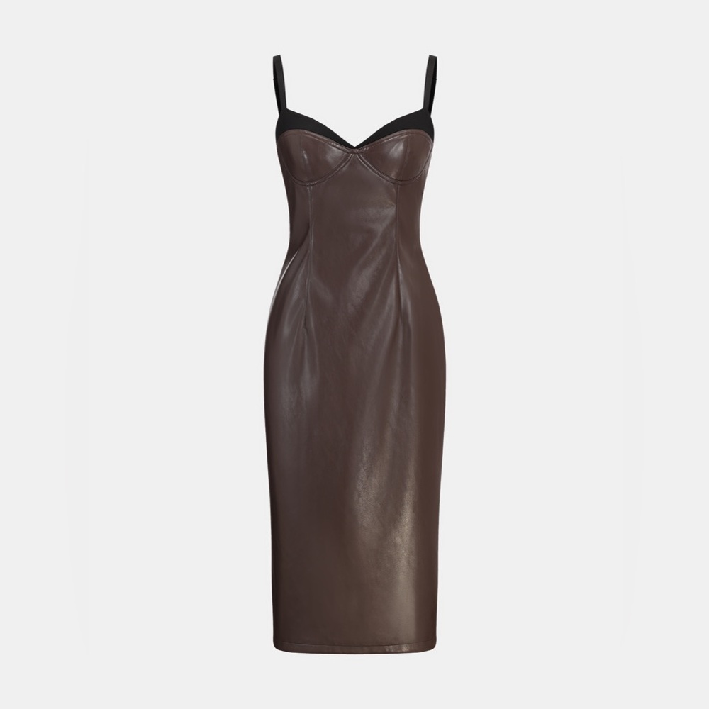 COMMENSE Dark Brown Faux Leather Midi Dress — Size S